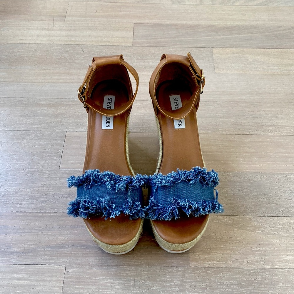 STEVE MADDEN Velley Wedge Espadrilles Leather and Denim Size 8.5
